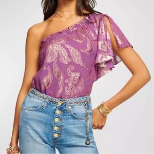 Ramy Brook NWT Peach Ruffle One Shoulder Blouse Purple Floral Preppy Womens M